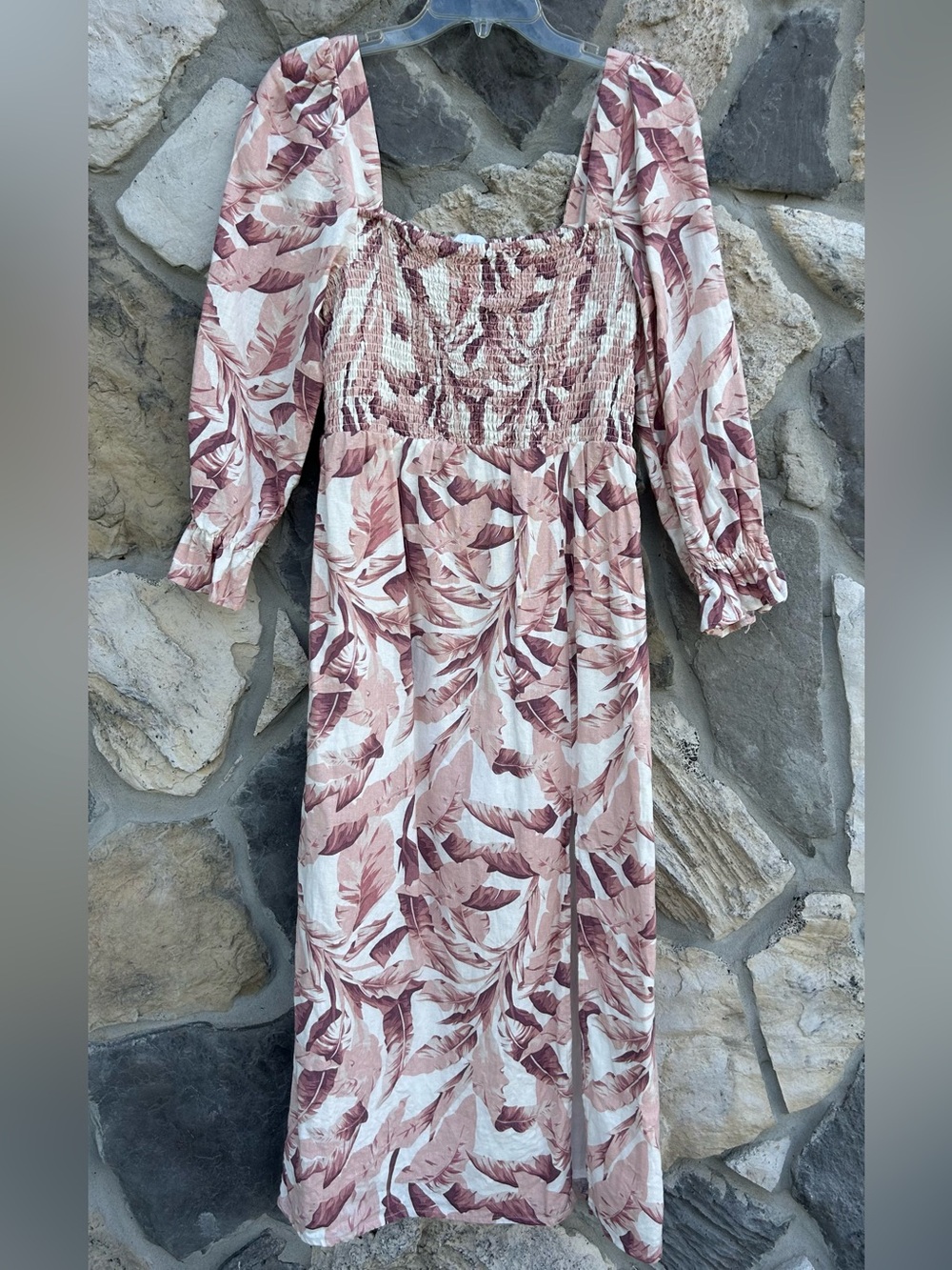 House Of Harlow Linen Blend Smocked Midi Dress Size M Tropical Beach Cottage